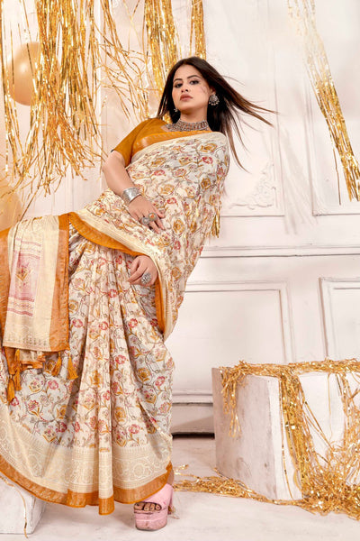 942002 Very Elegant Chiffon Crepe Silk Print Saree with Swarovski on Border - Mustered