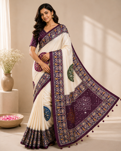 CA0768 Trending Mirror Work Ajrakh Patola Print Semi Modal Silk Saree - Wine