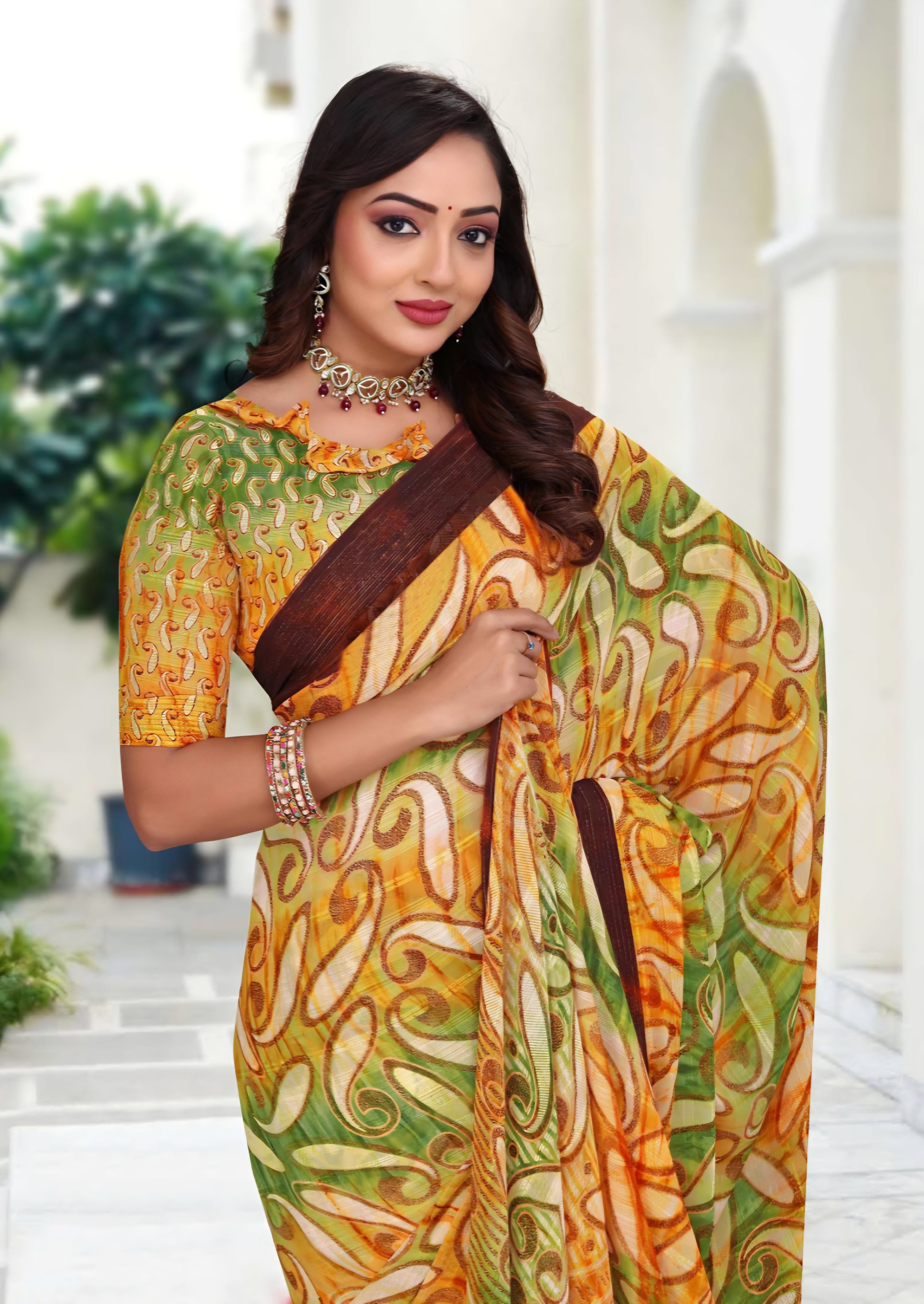 914002 Premium Georgette Saree with Unique Print - Yellow