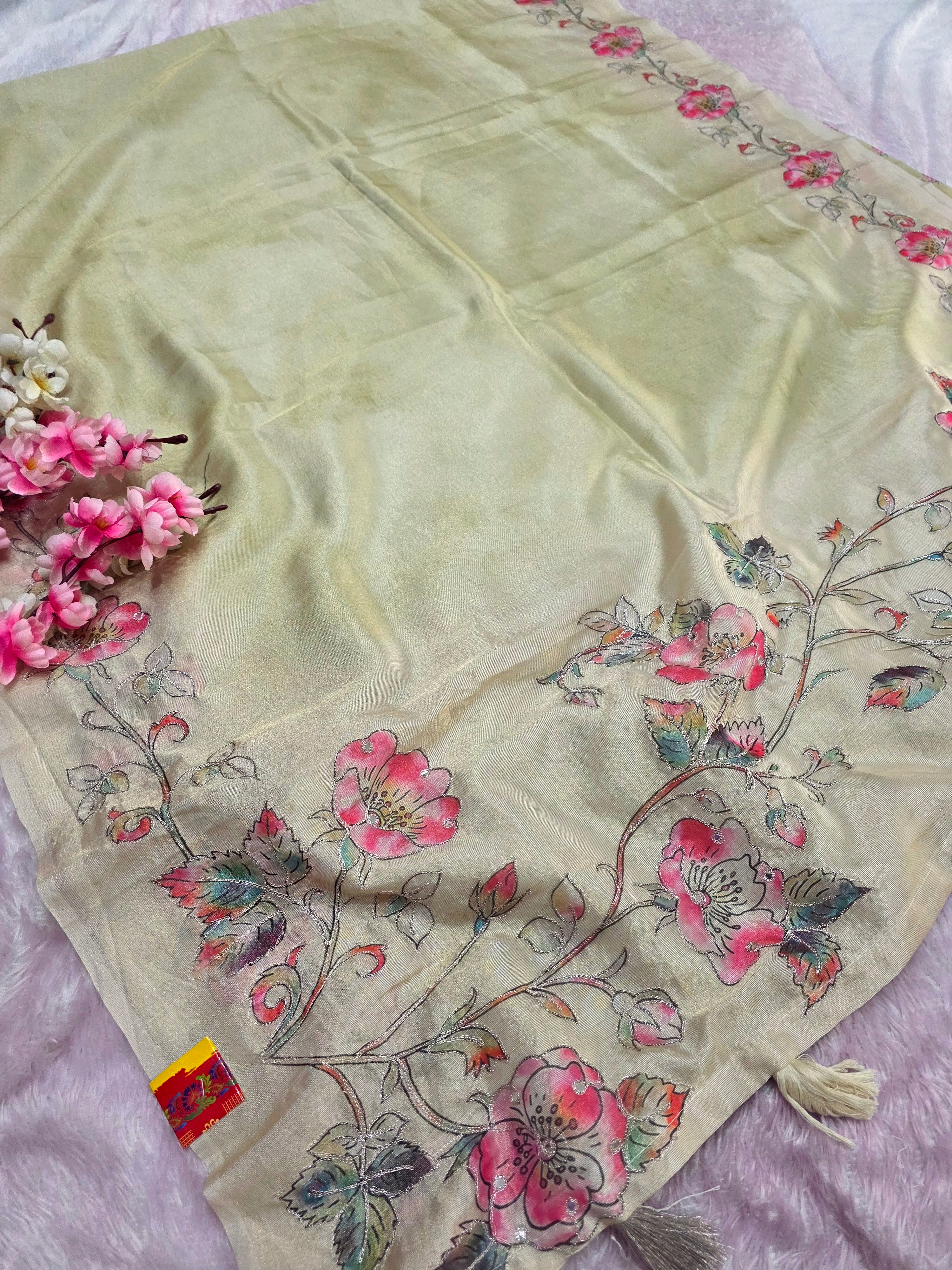 101707 Designer Tissue jute Silk Saree with Rajasthani Hand Aari Tari Work - Green