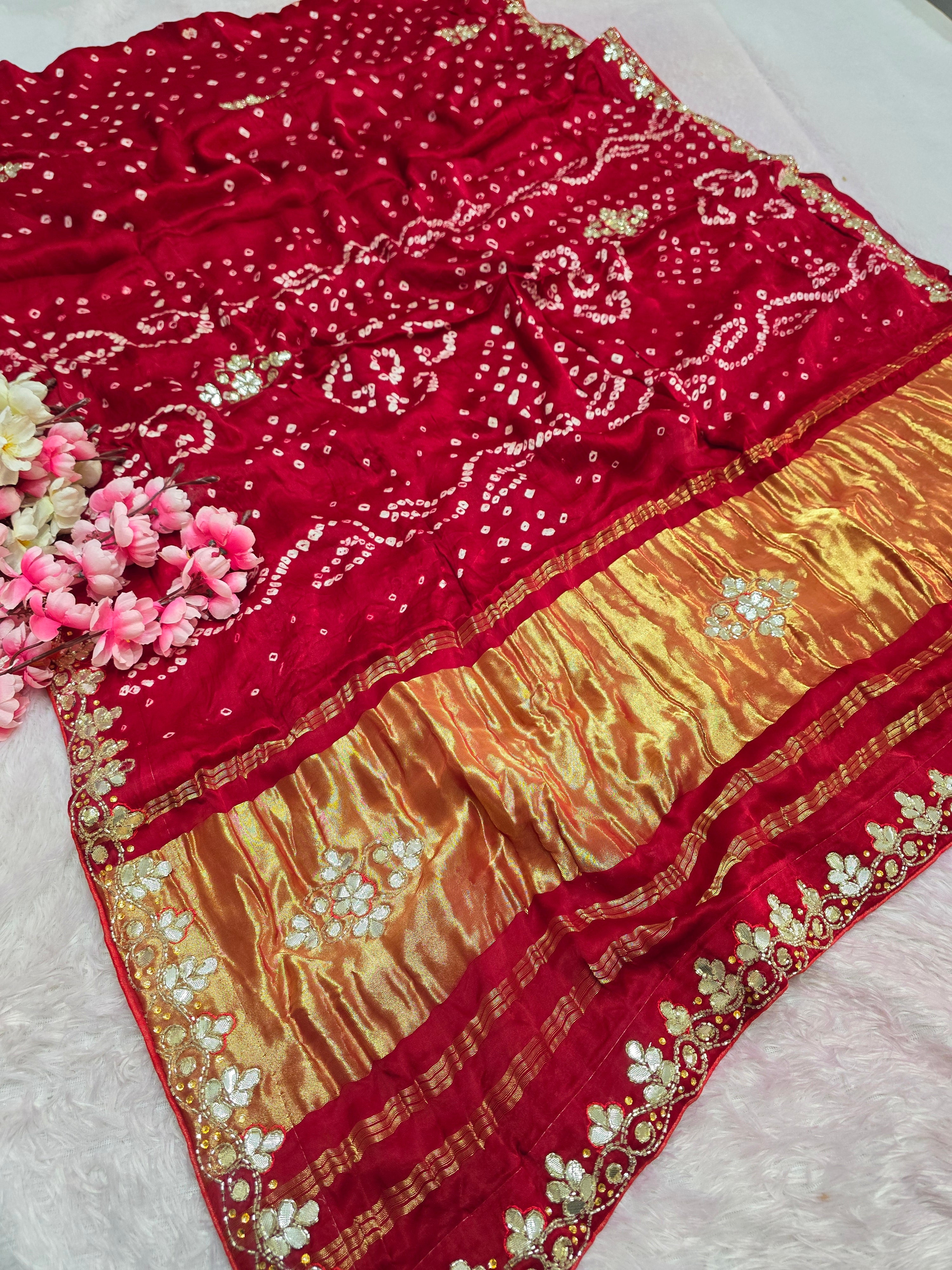 969005 Traditional Gajji Silk Bandhani Saree with Hand Gota Patti Work - Red