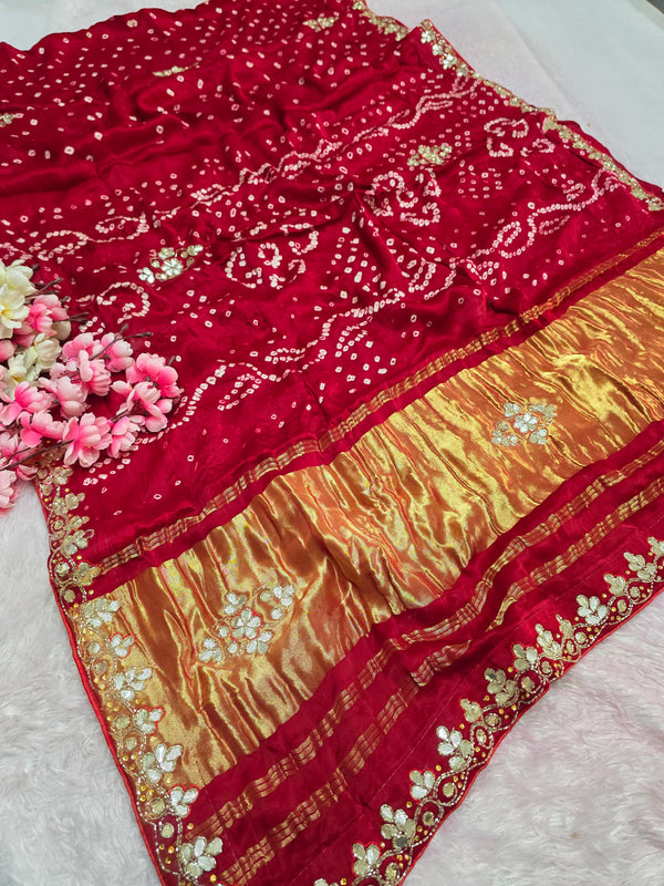969005 Traditional Gajji Silk Bandhani Saree with Hand Gota Patti Work - Red