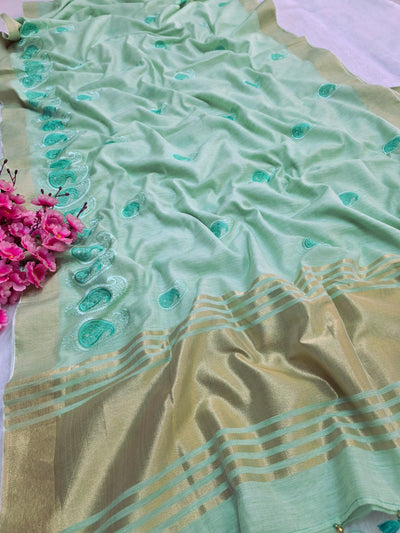 783016 Pure Linen Resham Suta Embroidery Work Saree with Zari Weaving (292007) - Green