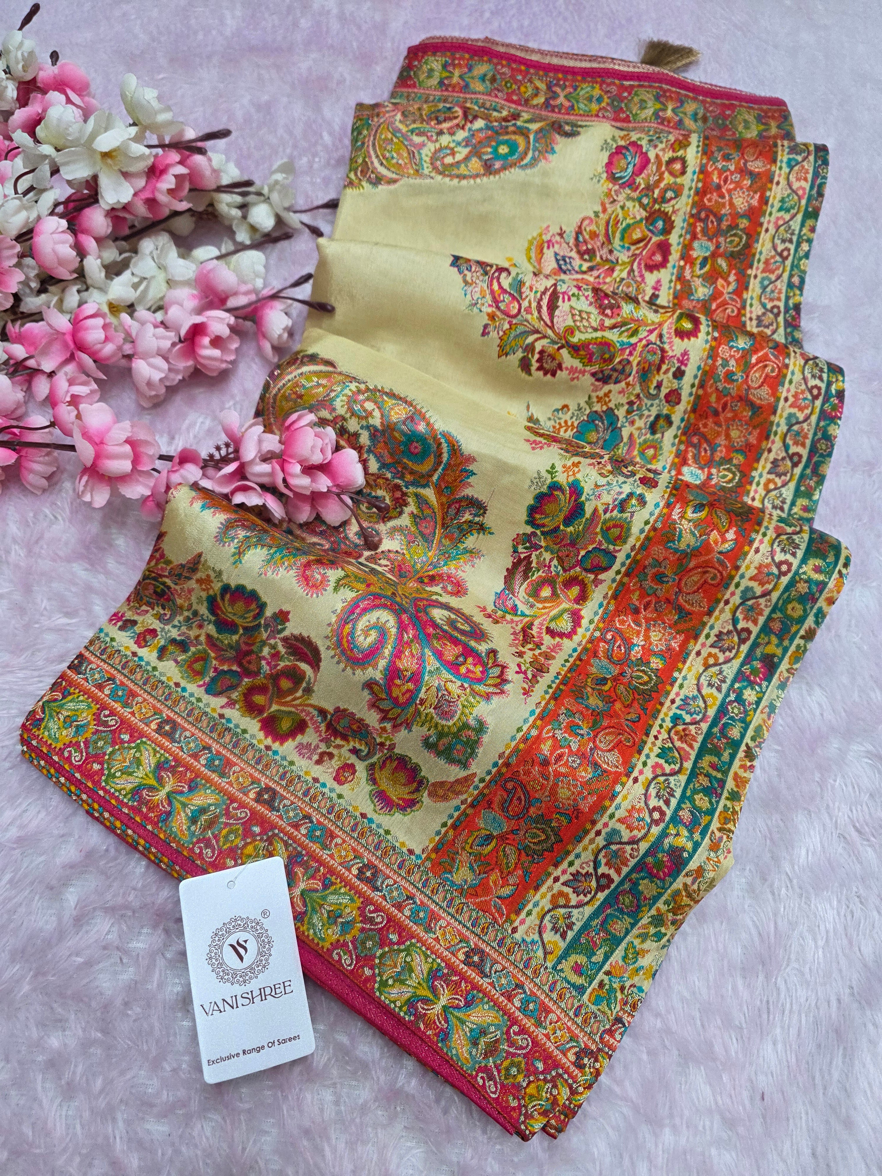 703005 Exclusive Pashmina Kashmiri Work Pure Kashmiri Pure Viscos Silk Cream Saree