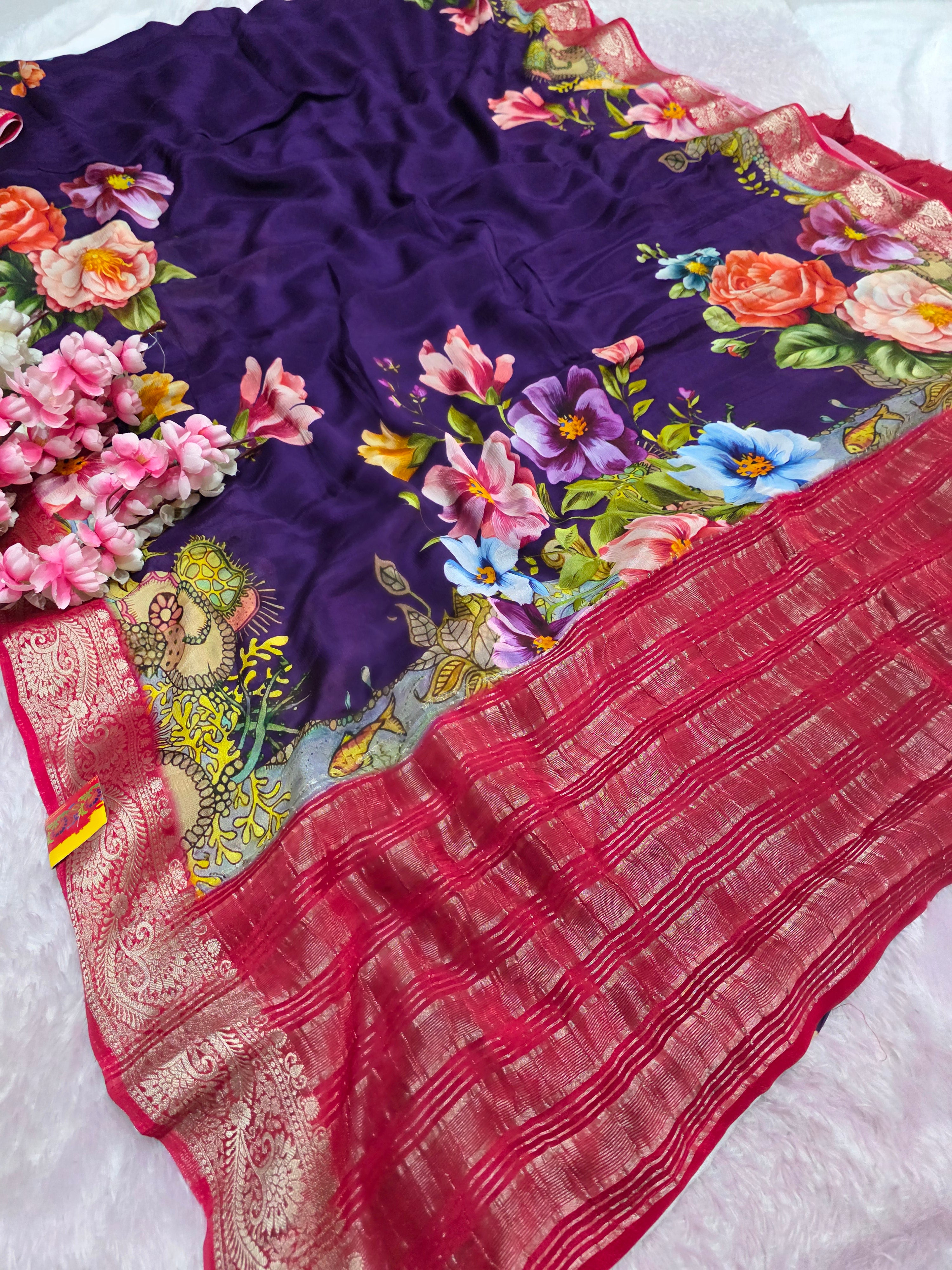 12554 Beautiful Pure Chinon Silk Traditional Print Saree with Zari Weaving Border and Heavy Brocket Blouse