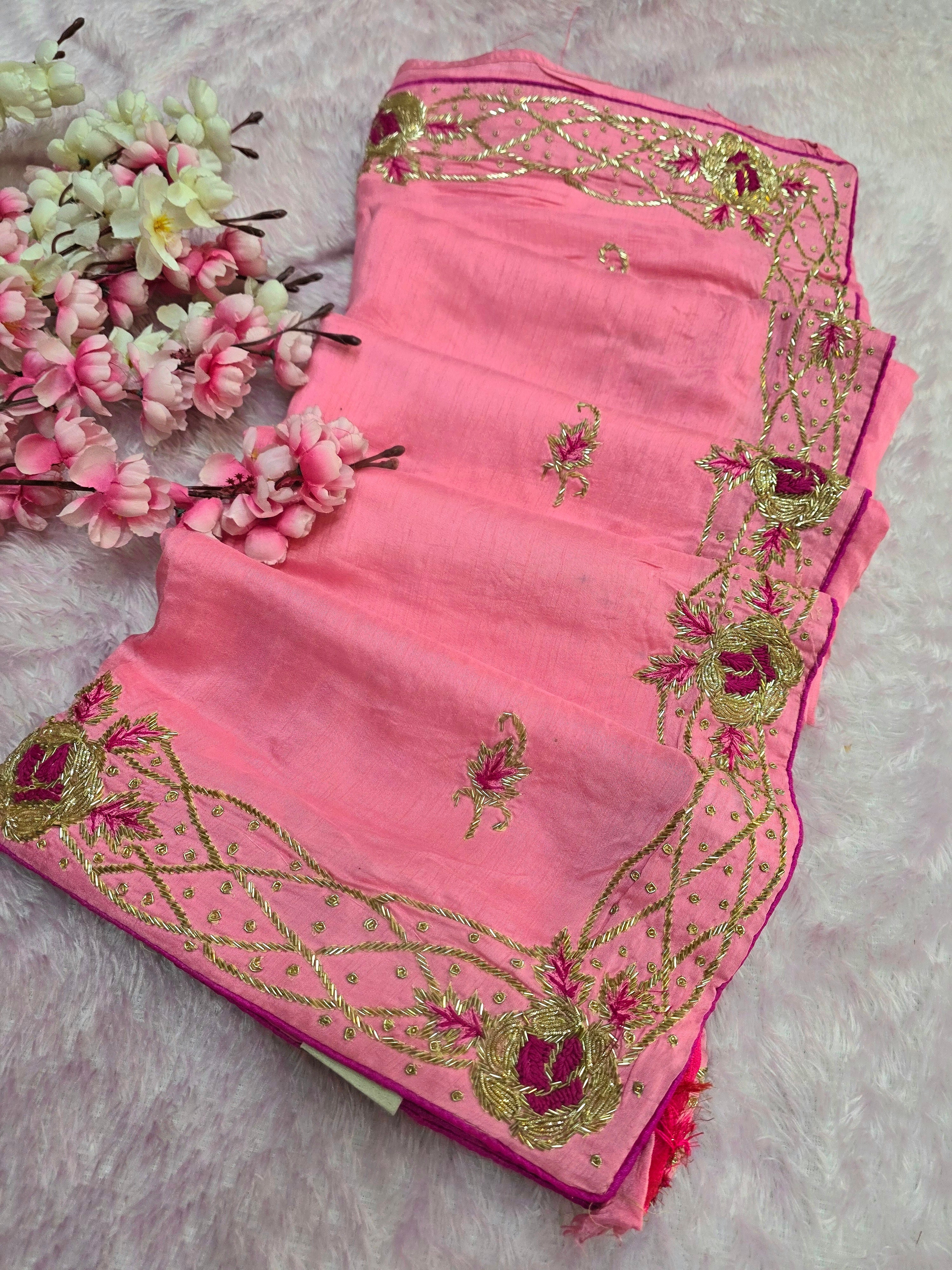 981002 Pure Russian Silk Traditional Hand Cutdana Work Pink Saree ...