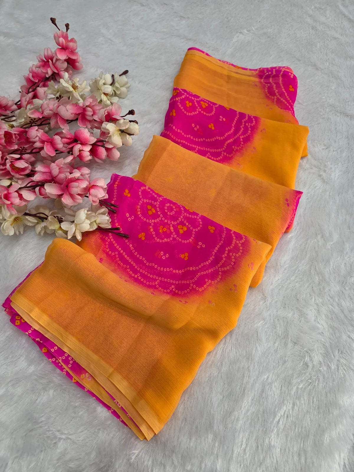 CA1486 Lightweight Elegant Semi Chiffon Bandhani Print Saree - Peach Pink