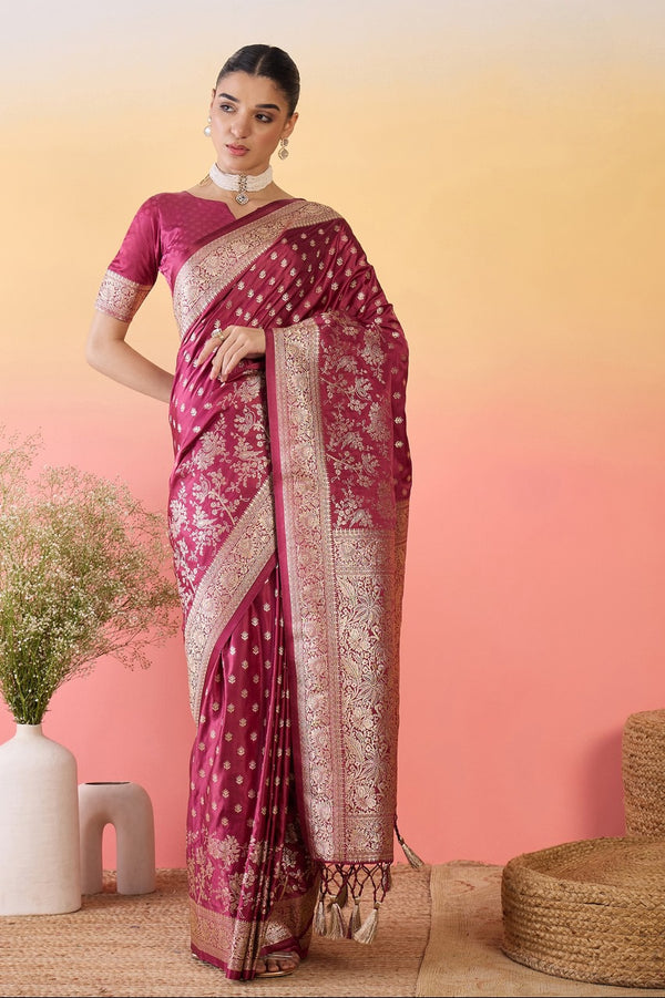 912003 Small Butta Banarasi Satin Silk Saree - Wine