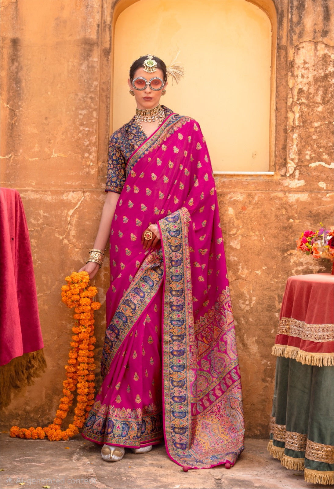 100302 Premium Kashmiri Print Silk Rani Saree With Gold Print