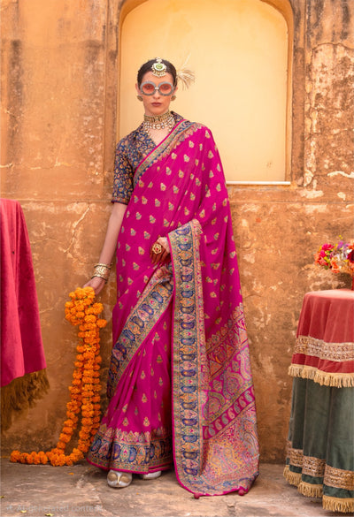 100302 Premium Kashmiri Print Silk Rani Saree With Gold Print