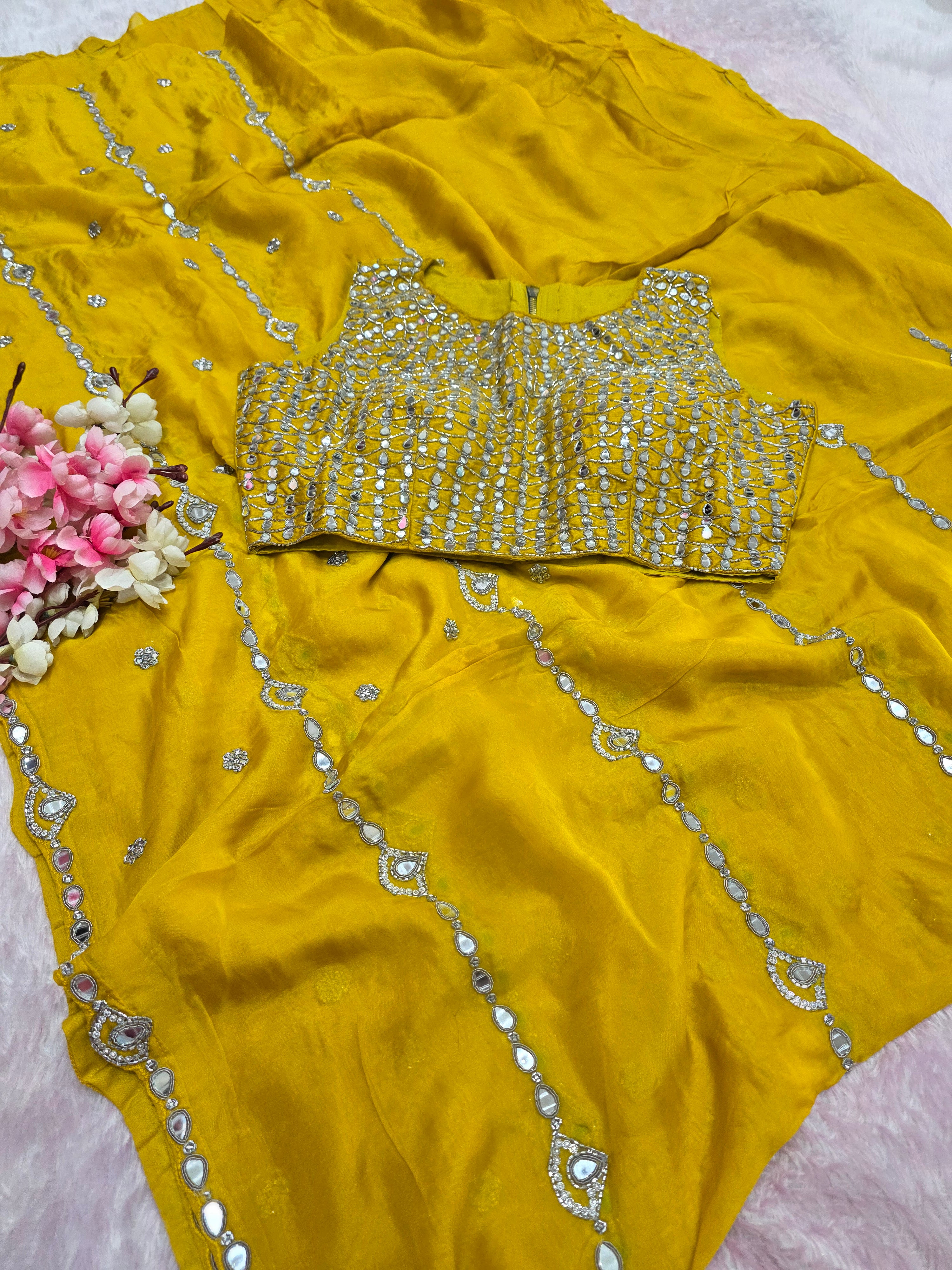 9310 Designer Soft Organza Stylish Saree with Exclusive Designer Stitched Blouse with Mirror Work