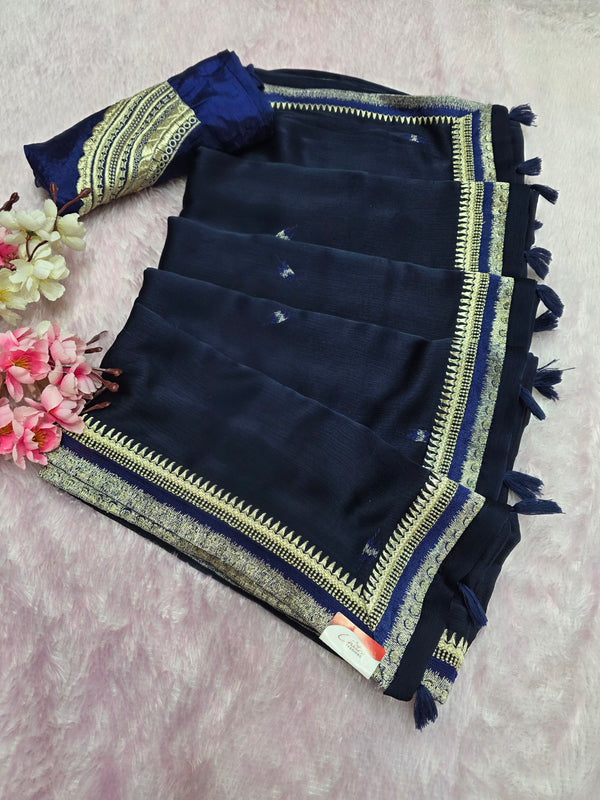 5303 Soft Silk Beautiful Zari Embroidery Navy Blue Saree with Royal Blue Blouse