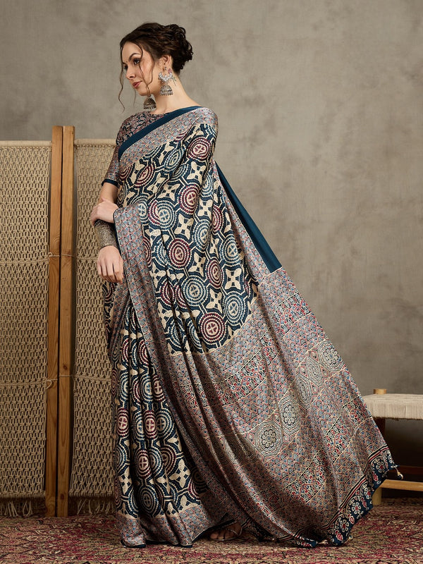 823002 Trending Ajrakh Print Semi Modal Silk Blue Saree