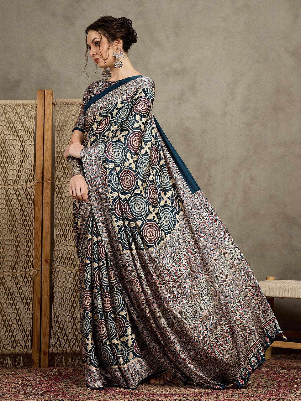 823002 Trending Ajrakh Print Semi Modal Silk Blue Saree