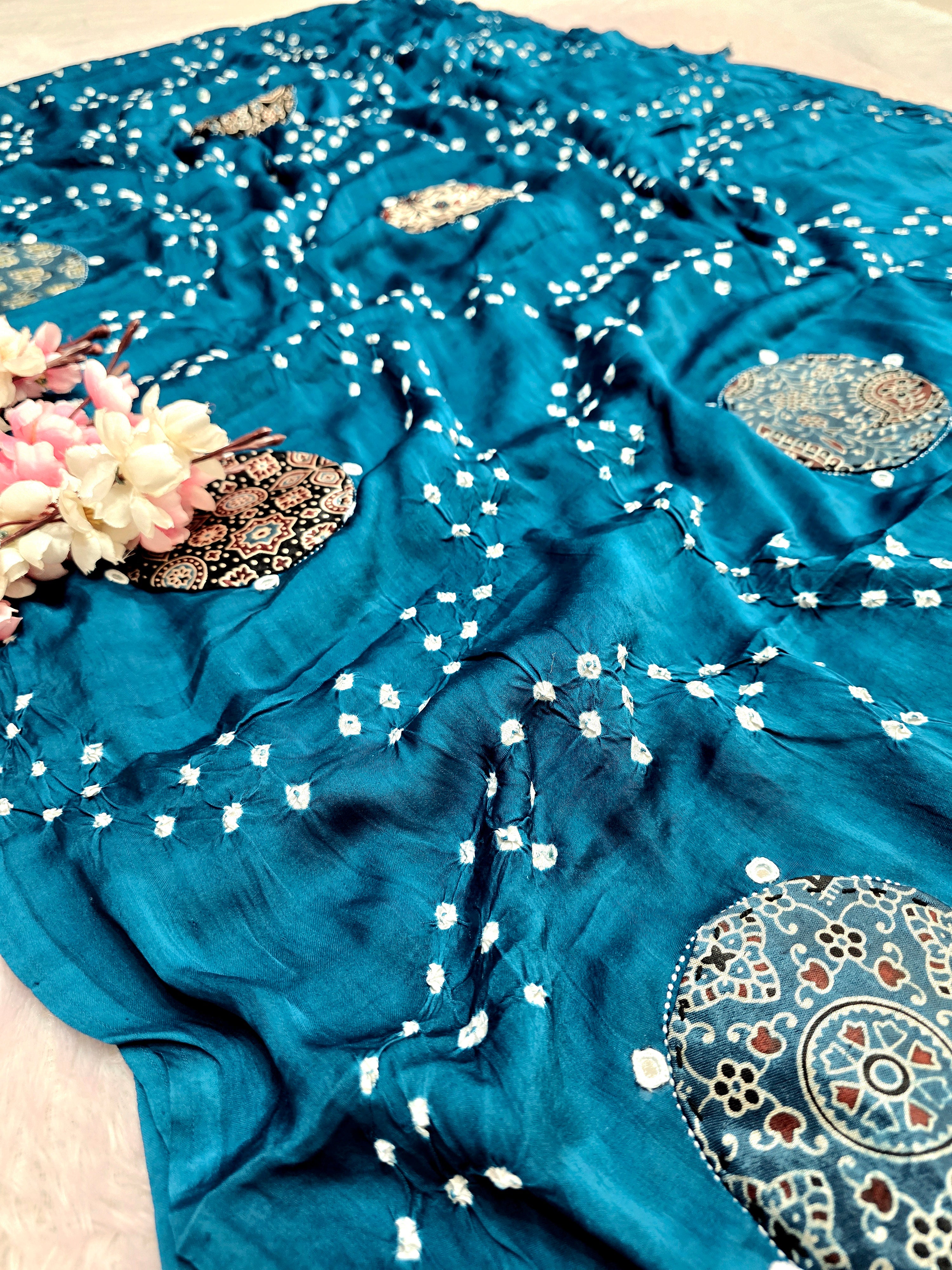 CA0742 Pure Modal Silk Hand Bandhani Saree with Ajrakh Patch Work