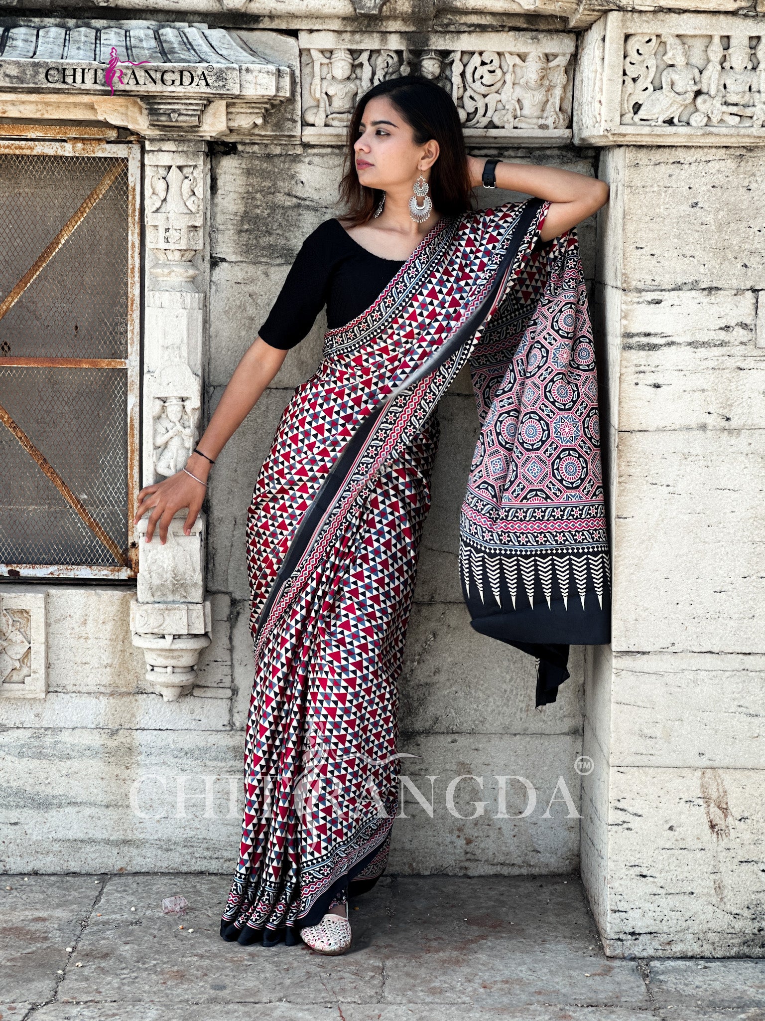 682007 Trending Ajrakh Print Semi Modal Silk Saree