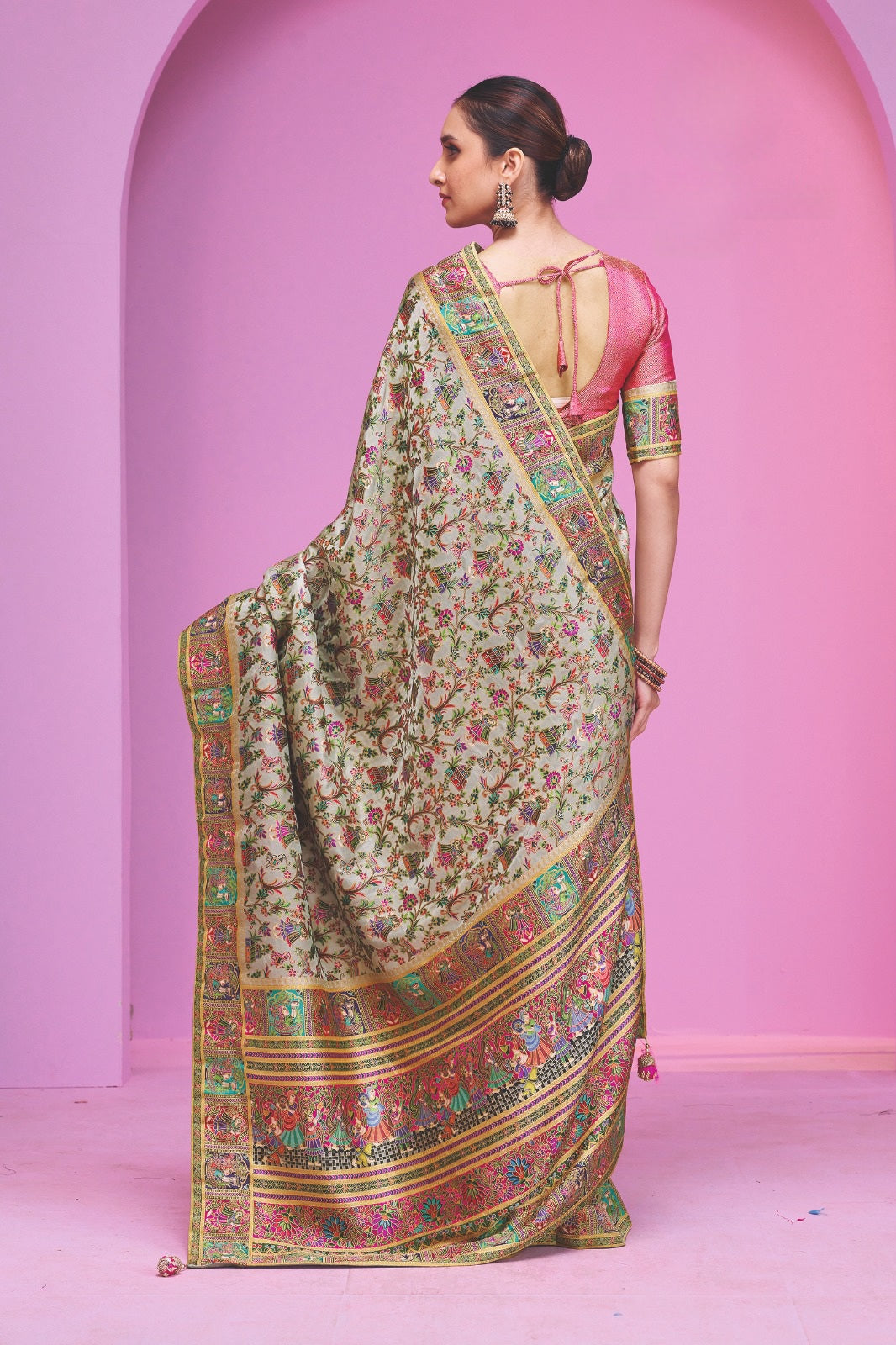 938005 Royal Kashmiri Pashmina Silk Elaichi Green Saree with Heavy Blouse