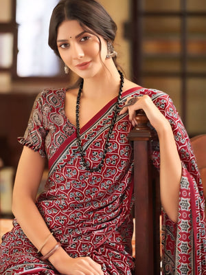 566004 Traditional Ajrakh Print Semi Modal Silk Saree - Red
