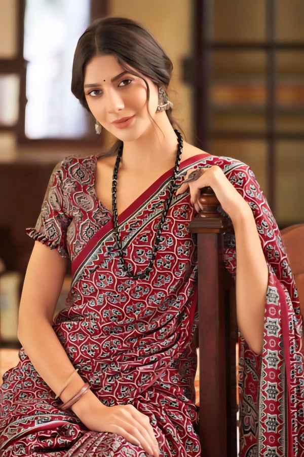 566004 Traditional Ajrakh Print Semi Modal Silk Saree - Red