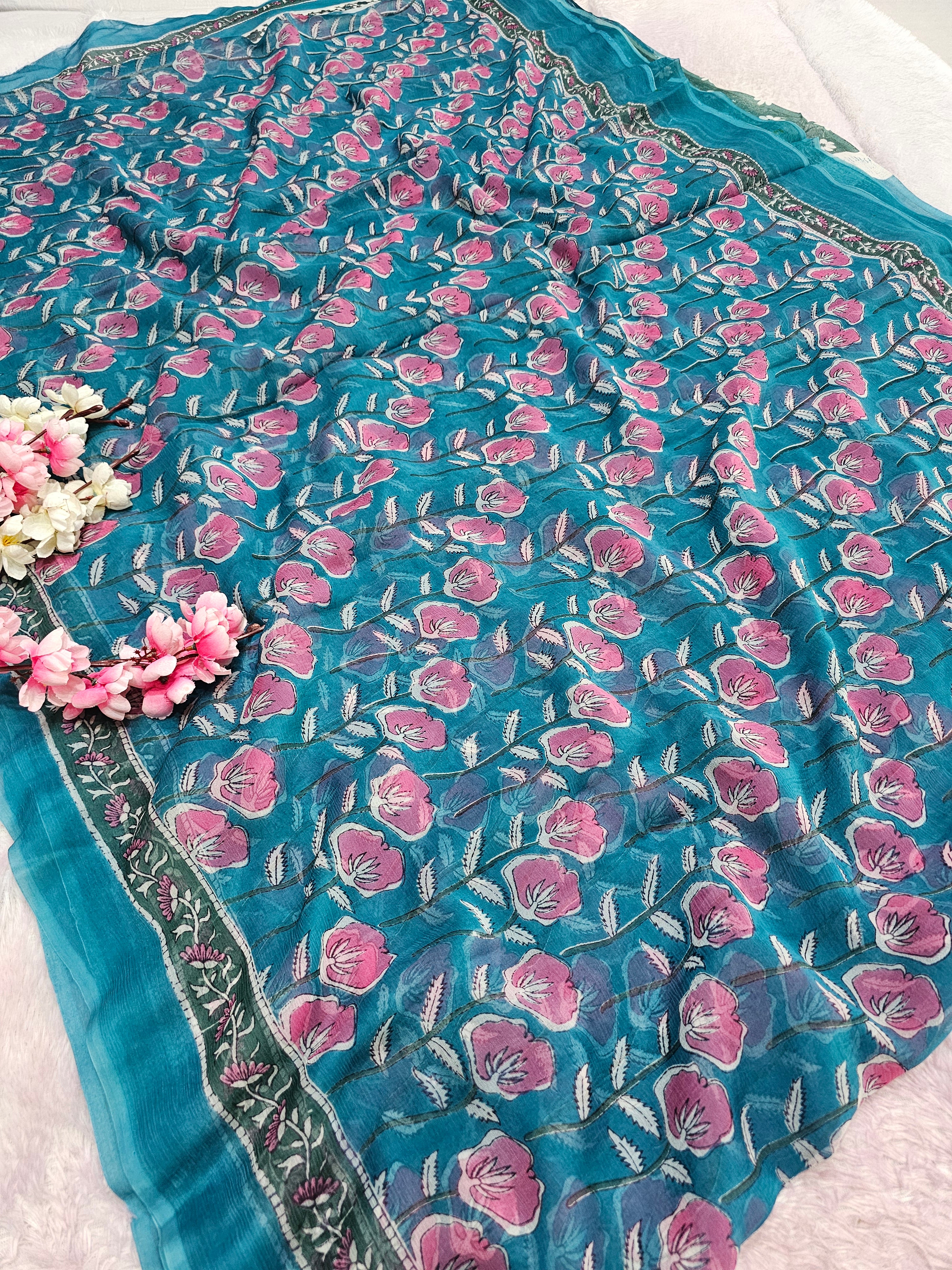 104304 Pure Rajasthani Diamond Chiffon Saree with Hand Ajrakh Print
