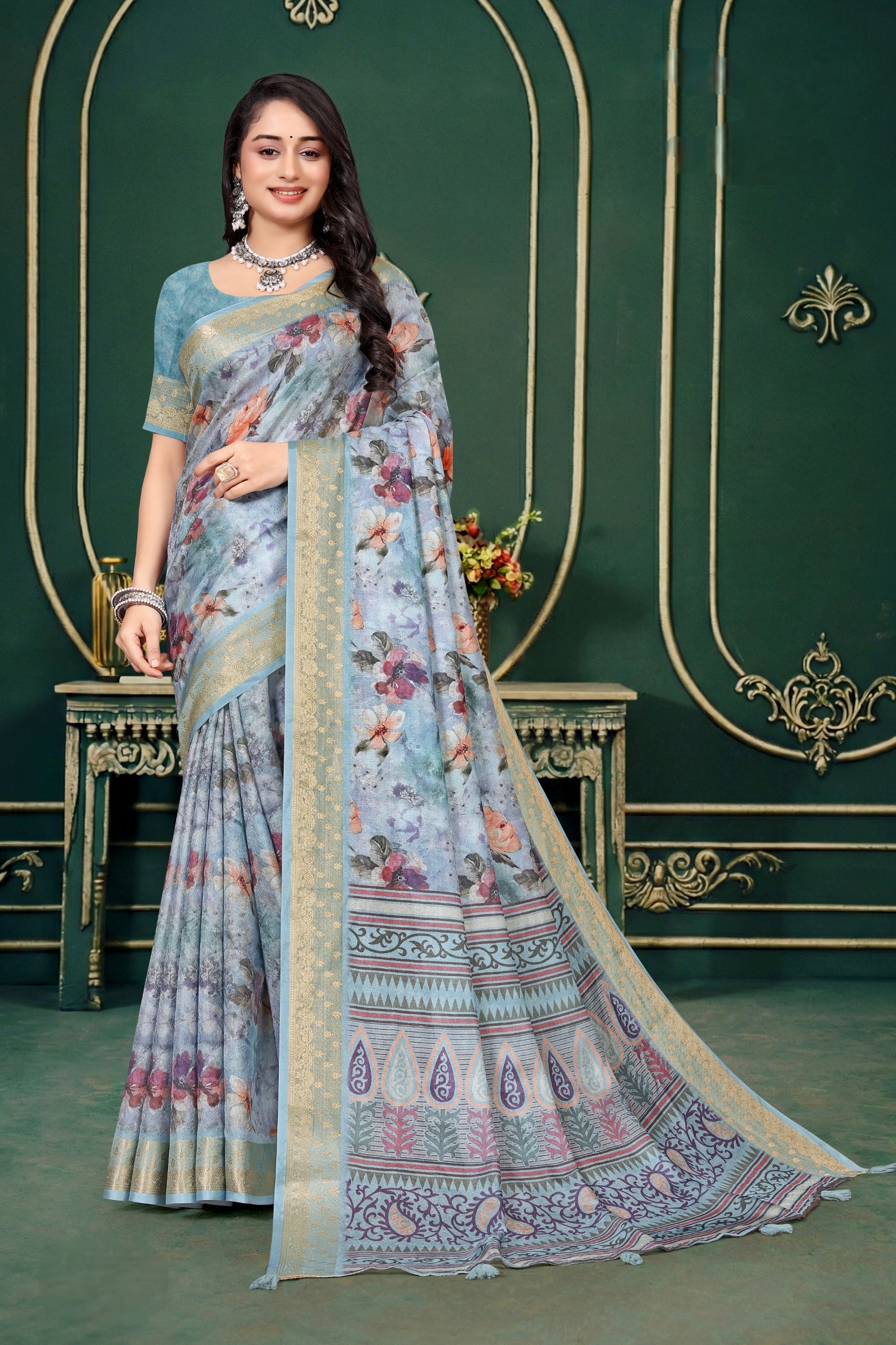 102209 Designer Soft Dola Silk Flower Printed Saree with Zari Weaving Border