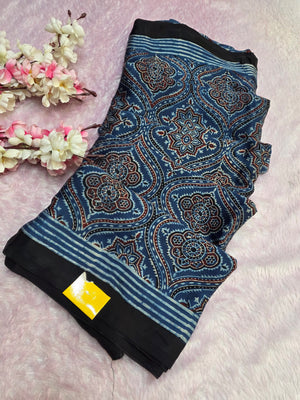 CA0736 Pure Modal Silk Ajrakh Natural Dye Saree Blue