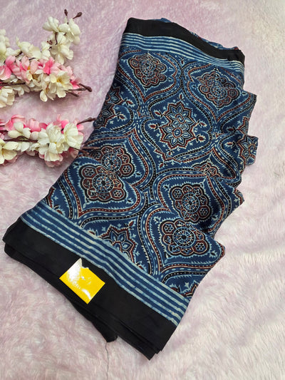 CA0736 Pure Modal Silk Ajrakh Natural Dye Saree Blue