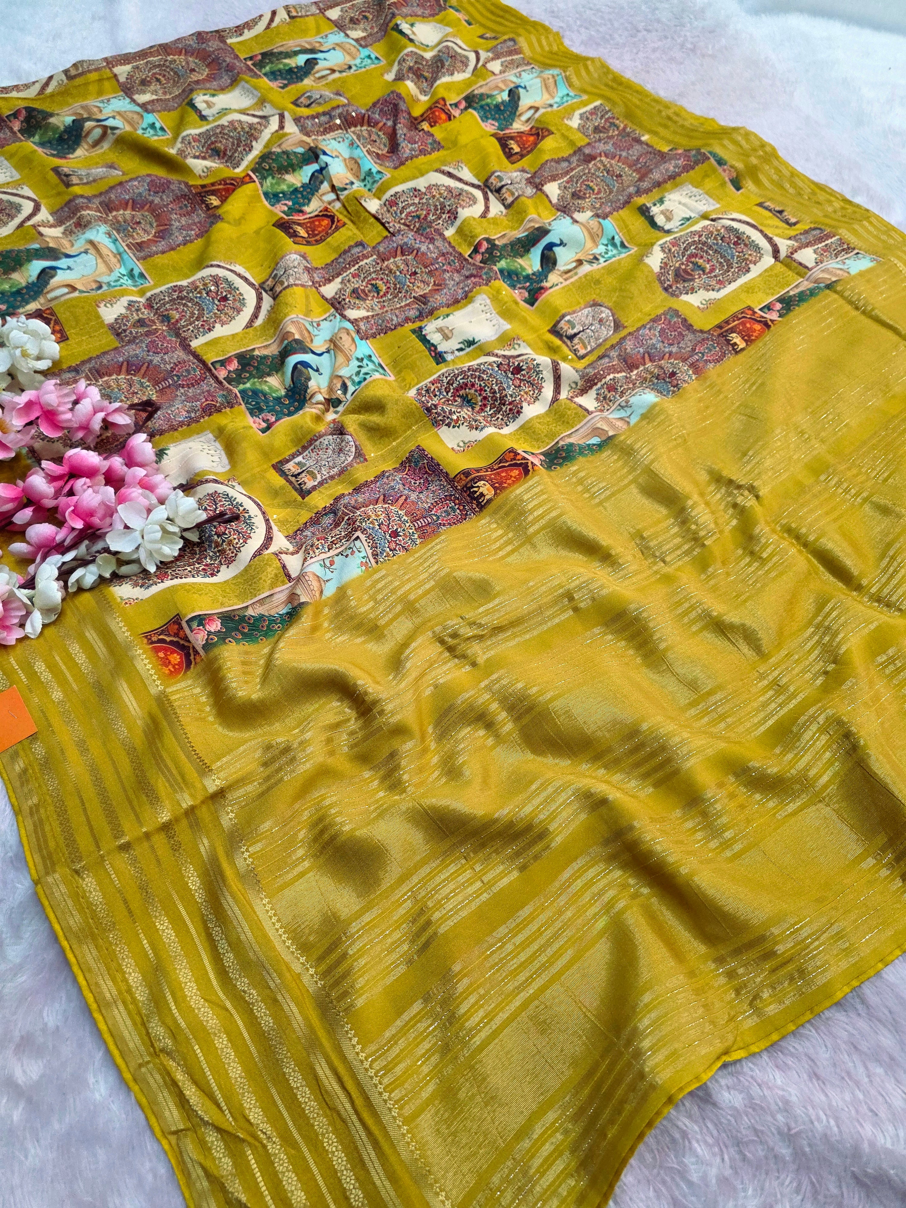 104002 Chitra Special Maslin Silk Designer Hand Print Saree with Zari Weaving Border