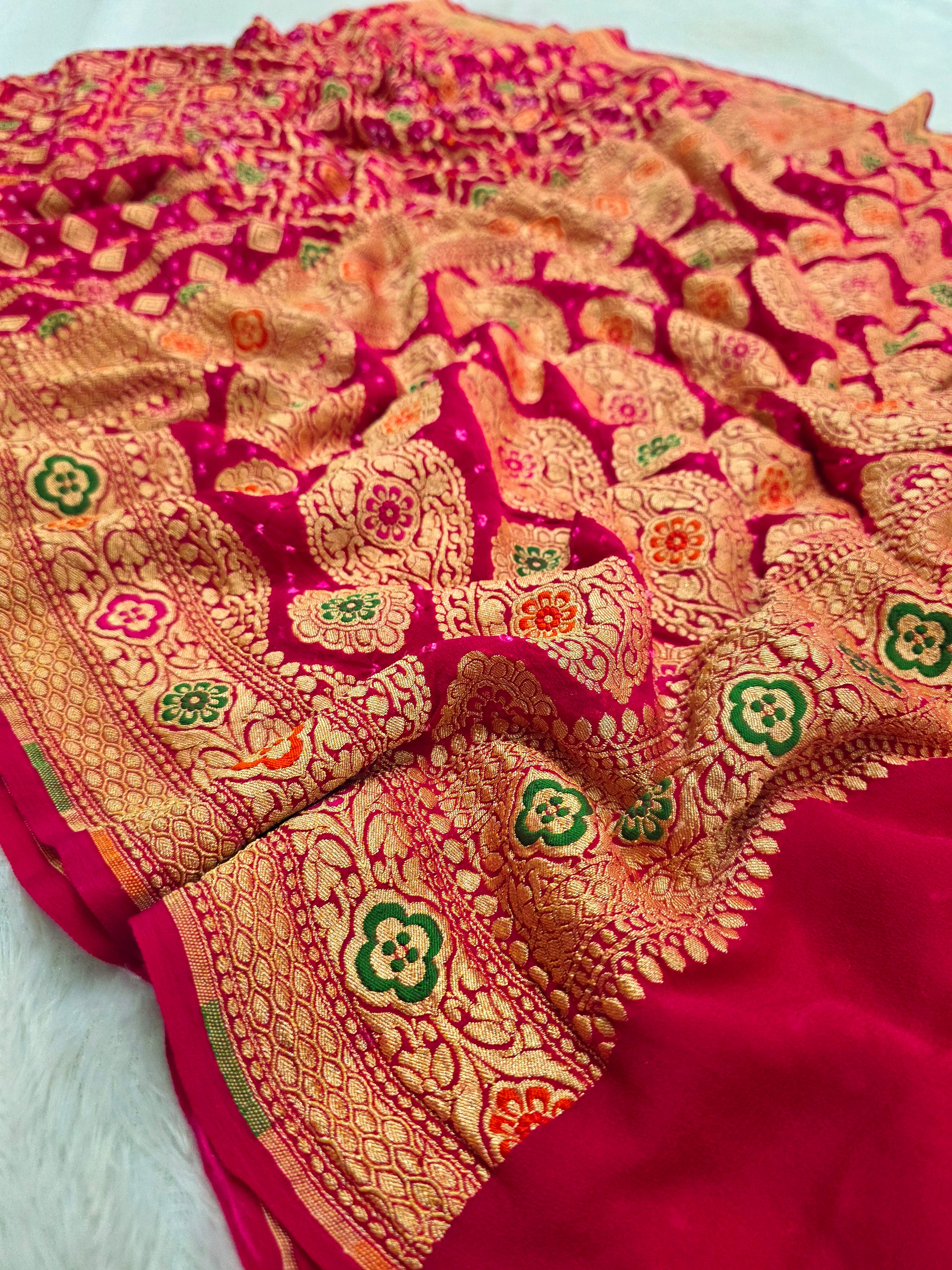 817005 Pure Georgette Hand Rai Bandhani Meenakari Rani Color Saree
