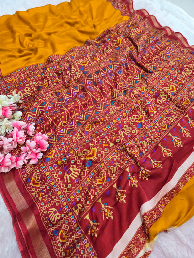 964004 Traditional Patola Border Saree with Plain Body Dola Silk Saree - Yellow