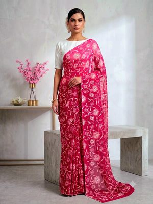 CA1495 Lightweight Elegant Semi Chiffon Flower Print Saree - Rani