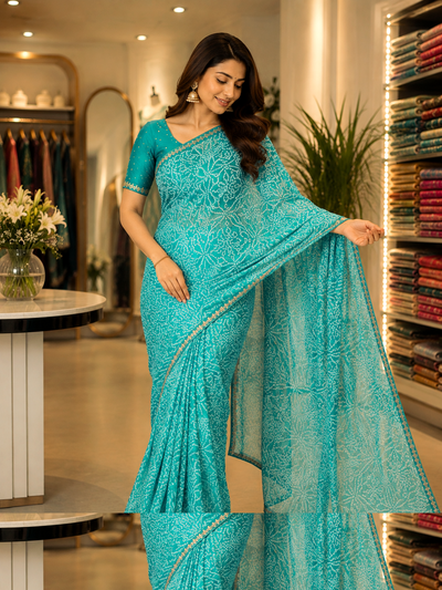 916003 Rajasthani Bandhani with Border - Sky Blue