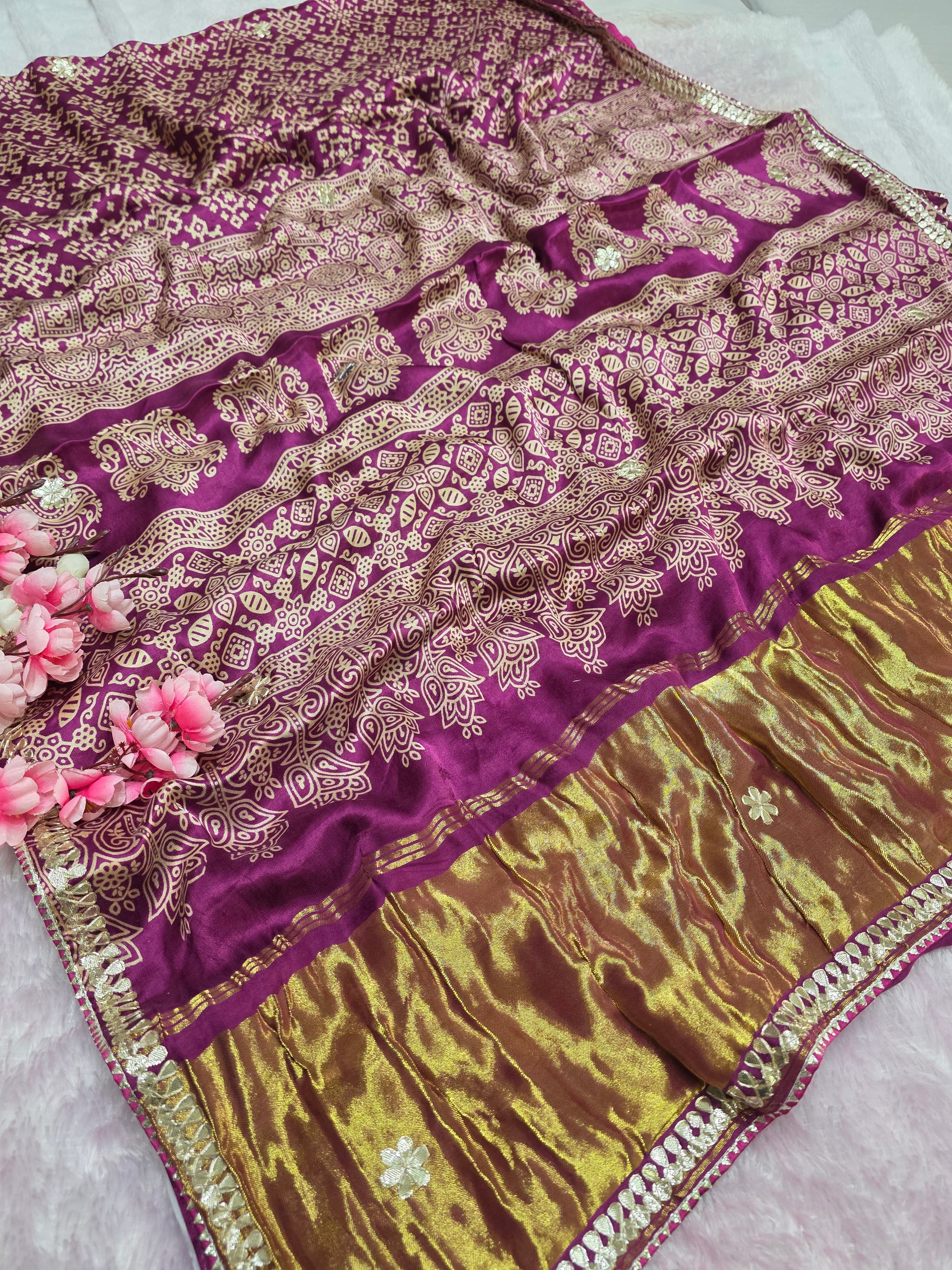 966004 Traditional Semi Gajji Silk Ajrakh and Patola Print Saree with Hand Gota Patti Work - Wine