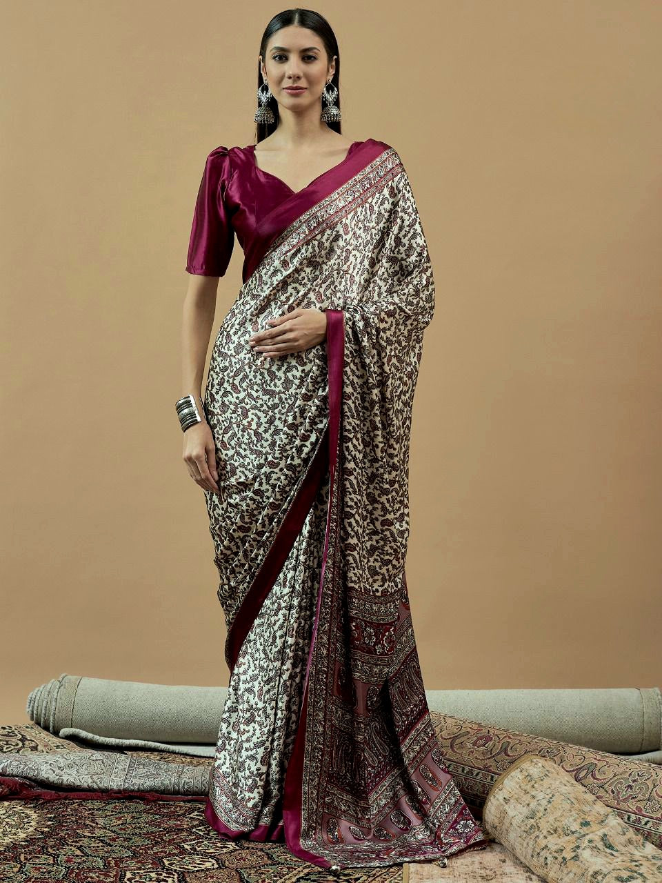 740005 Traditional Ajrakh Print Semi Modal Silk Saree - Wine