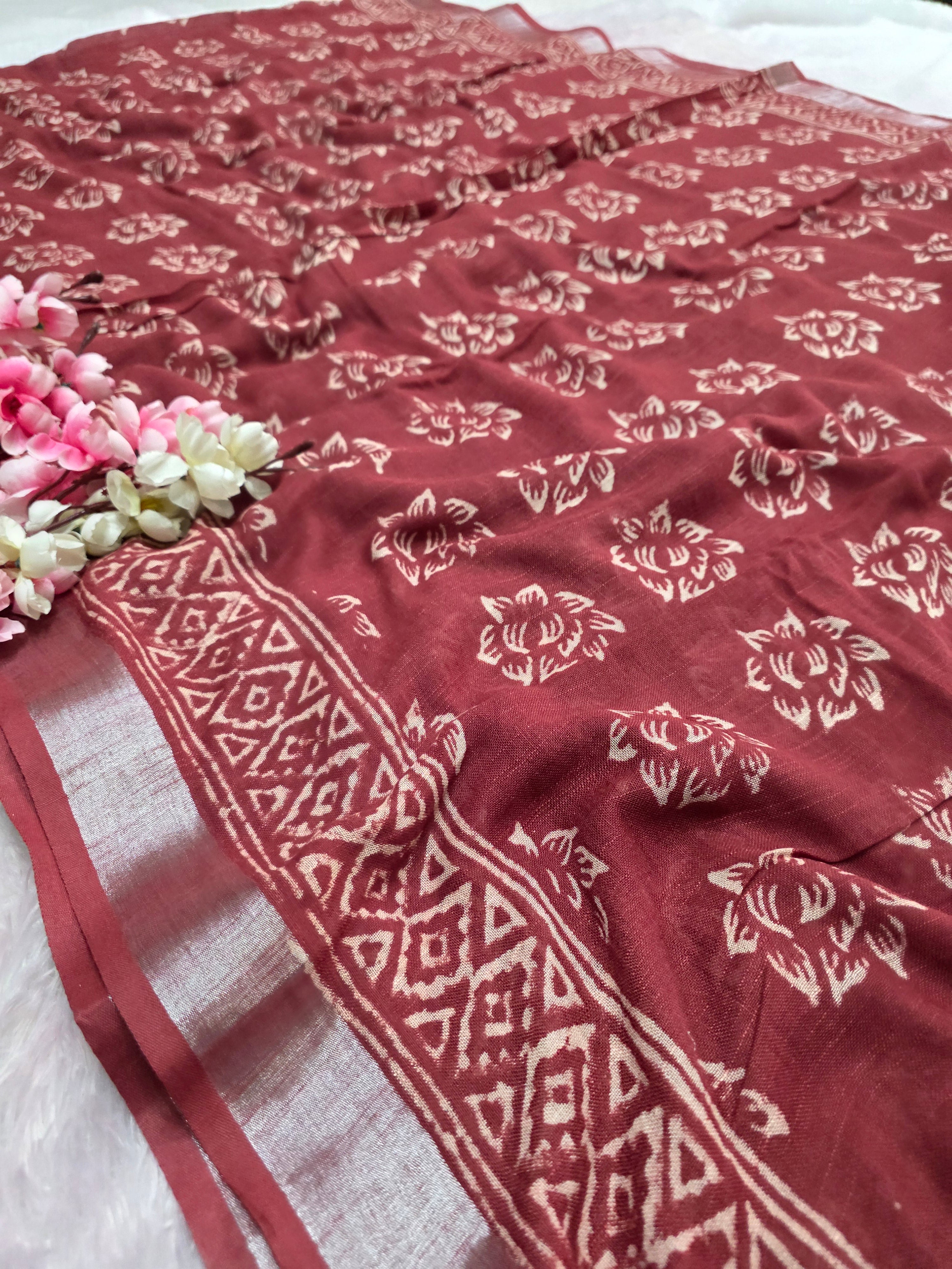 CA1444 Pure Rajasthani linen Saree with Hand print mahroon black saree