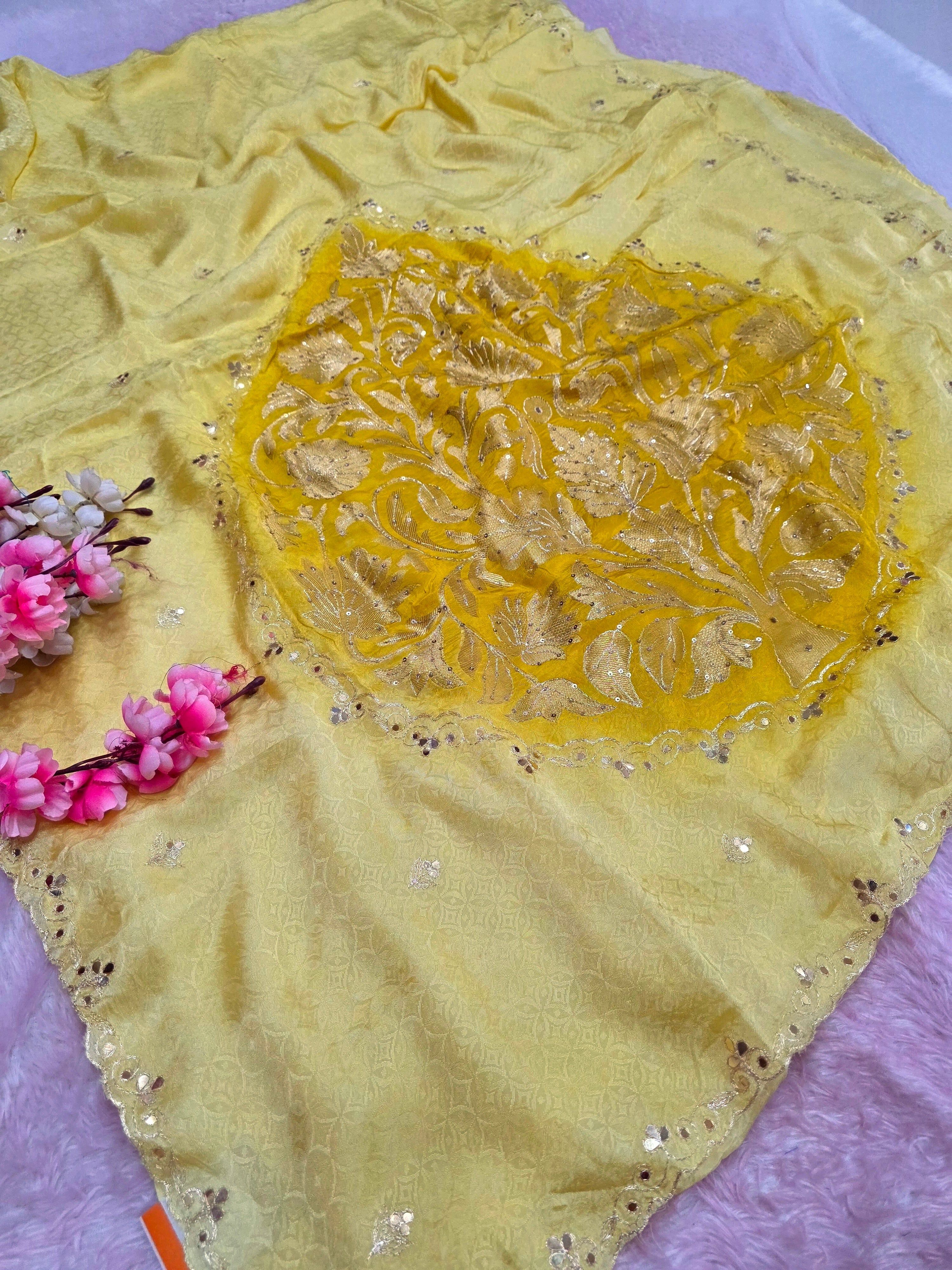 103701 Pure Viscose Silk Self Weaving Designer Saree with Rajasthani Hand Aari Tari Work