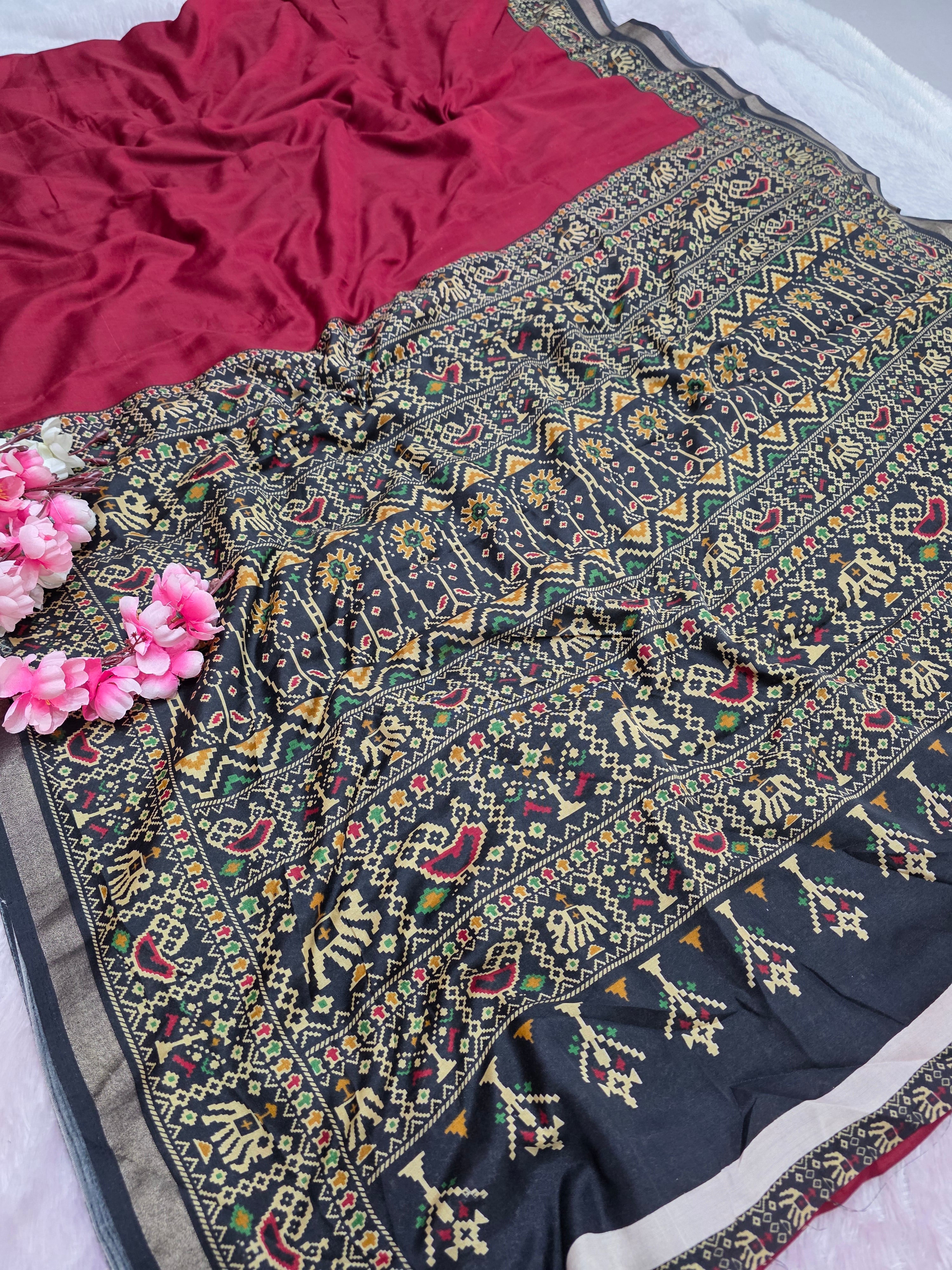 964004 Traditional Patola Border Saree with Plain Body Dola Silk Saree - Red