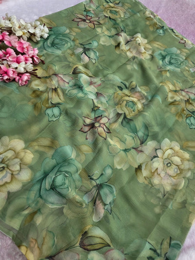 103901 Lightweight Elegant Semi Chiffon Flower Print Saree - Green