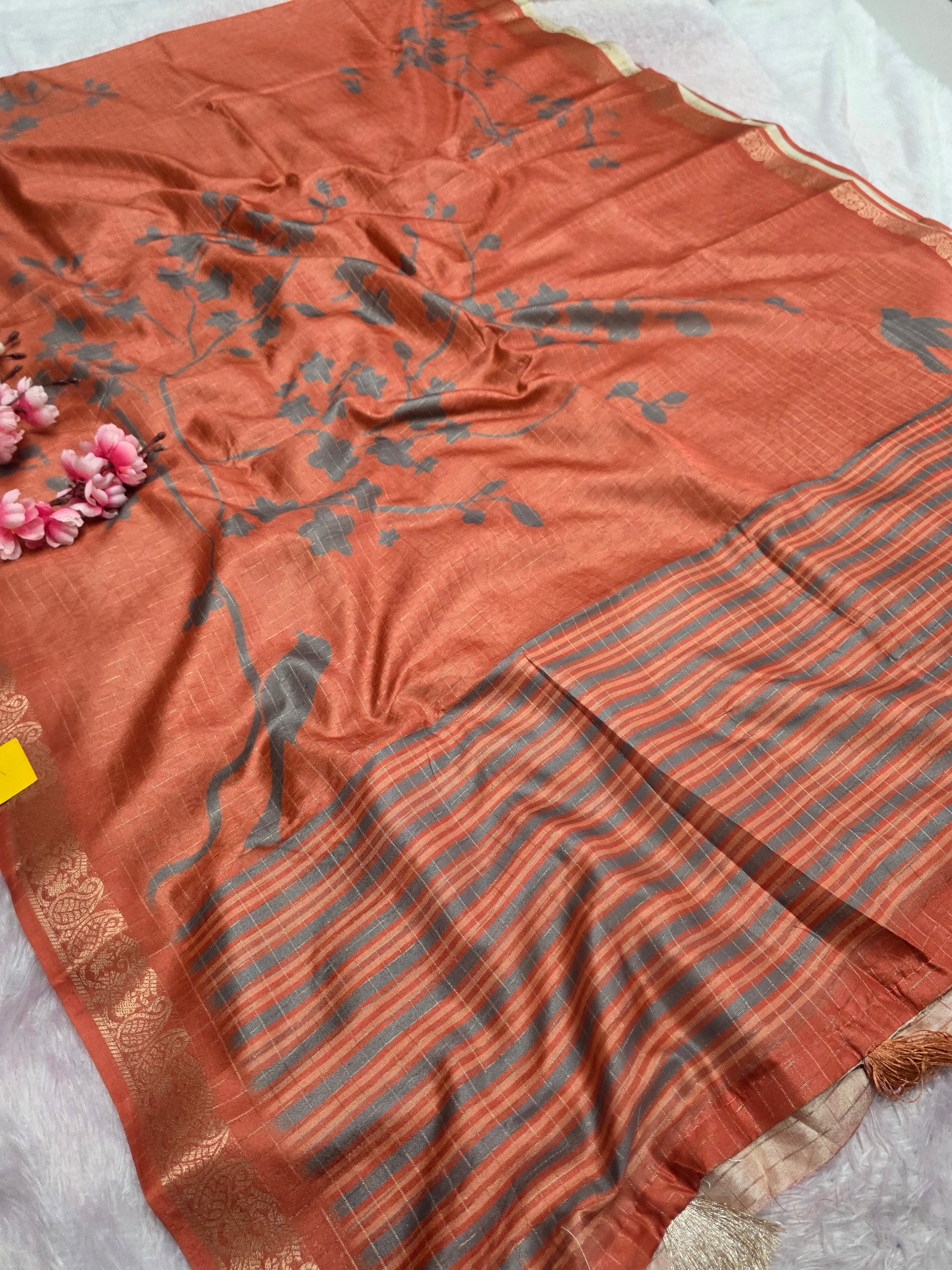 102402 Exclusive Soft Viscose Silk Printed Saree with Zari Weaving Checks - Orange
