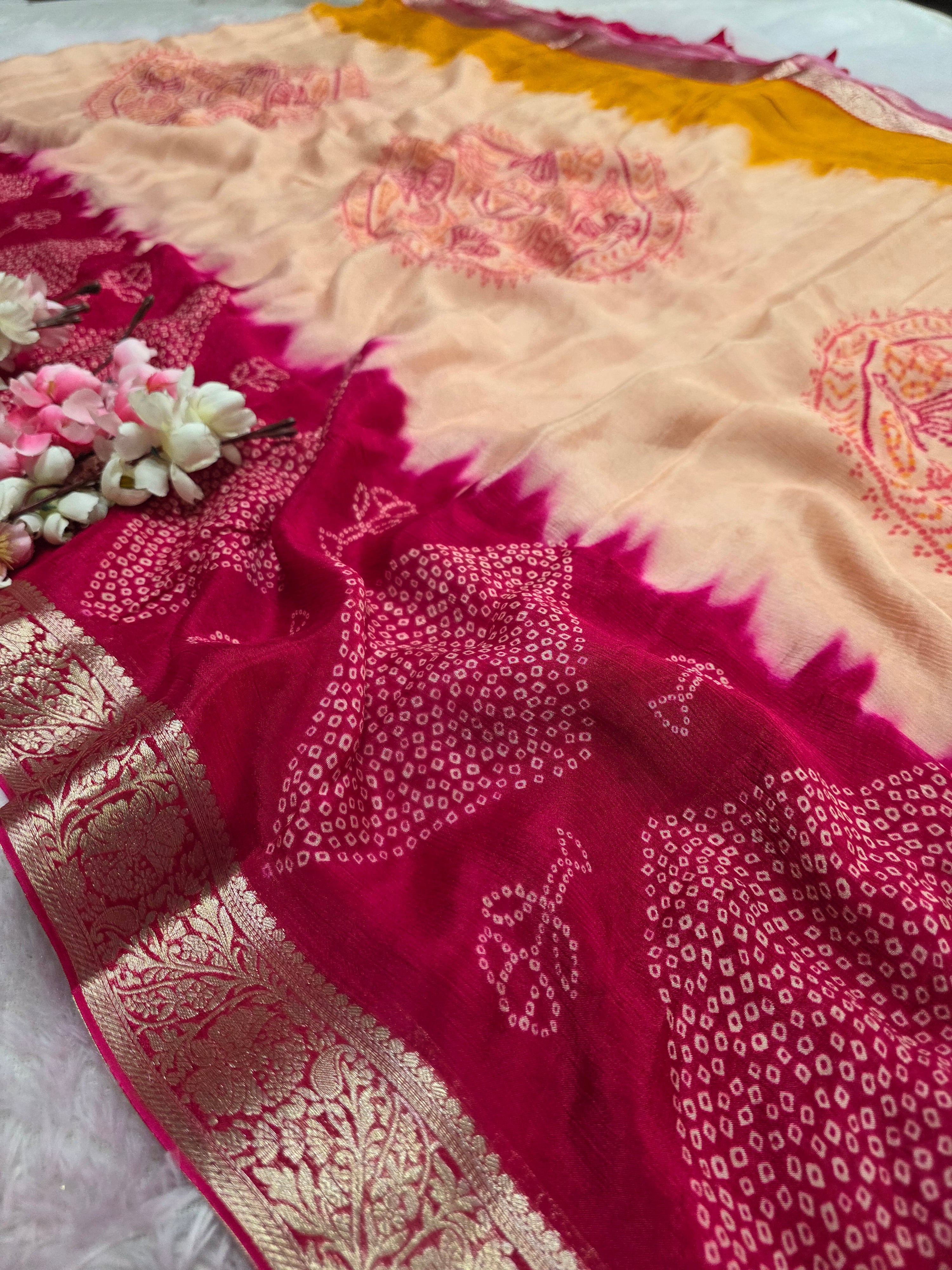 CA0701 Pure Chinon Silk Bandhani Print Saree with Zari Border