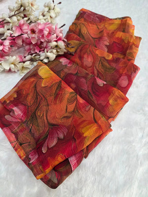 CA1469 Lightweight Elegant Semi Chiffon Flower Print Saree - Red