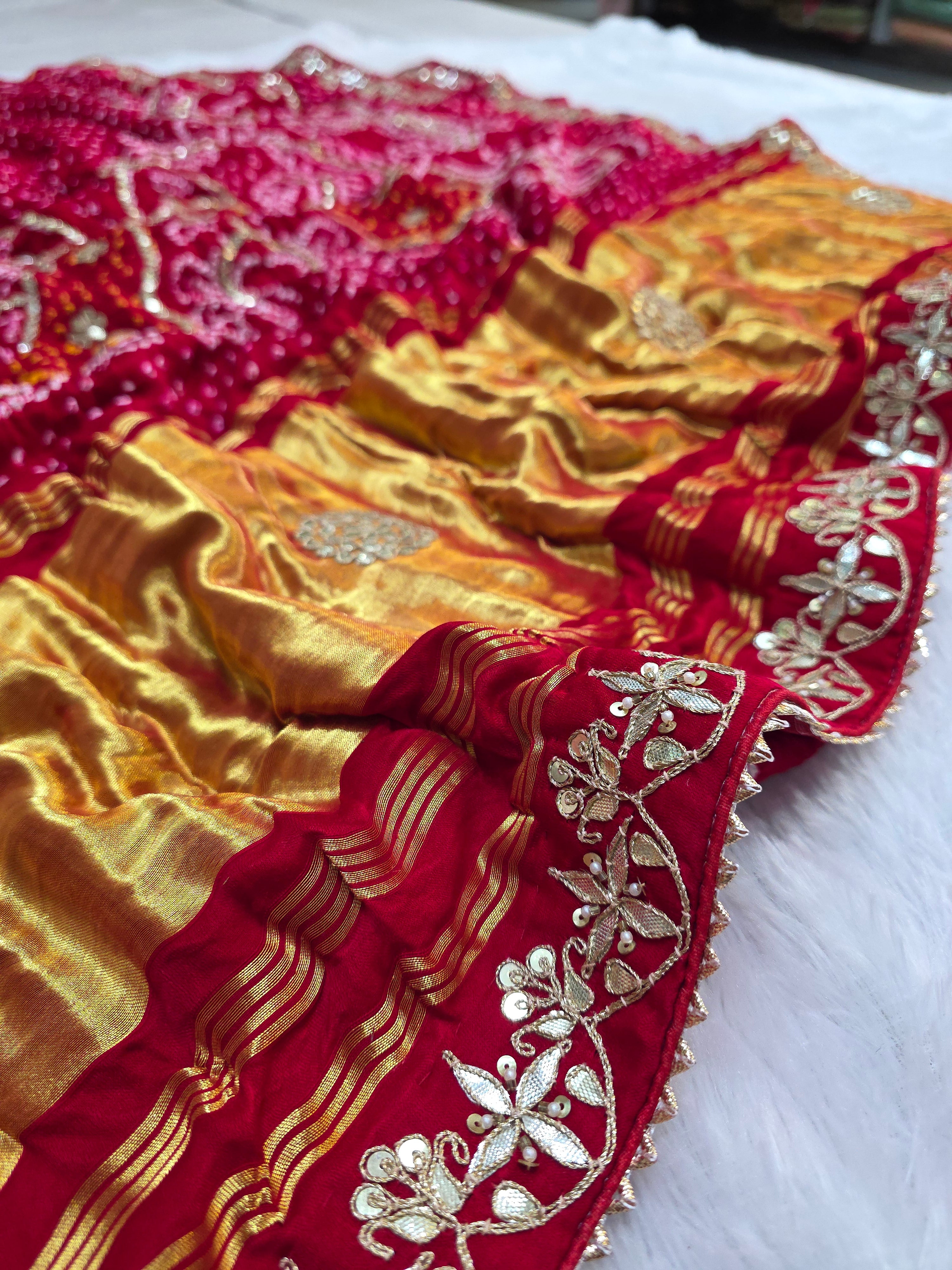 817006 Exclusive Pure Gajji Silk Rajasthani Hand Rai Bandhani Red Color Saree With Premium Gotapatti Work