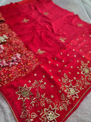 3080 Pure H.O. Silk Shaded Saree with Patola and Hand Pittan and Gota work Saree - Red