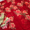 991005 Lightweight Elegant Semi Chiffon Flower Print Saree with Zari Print - Red