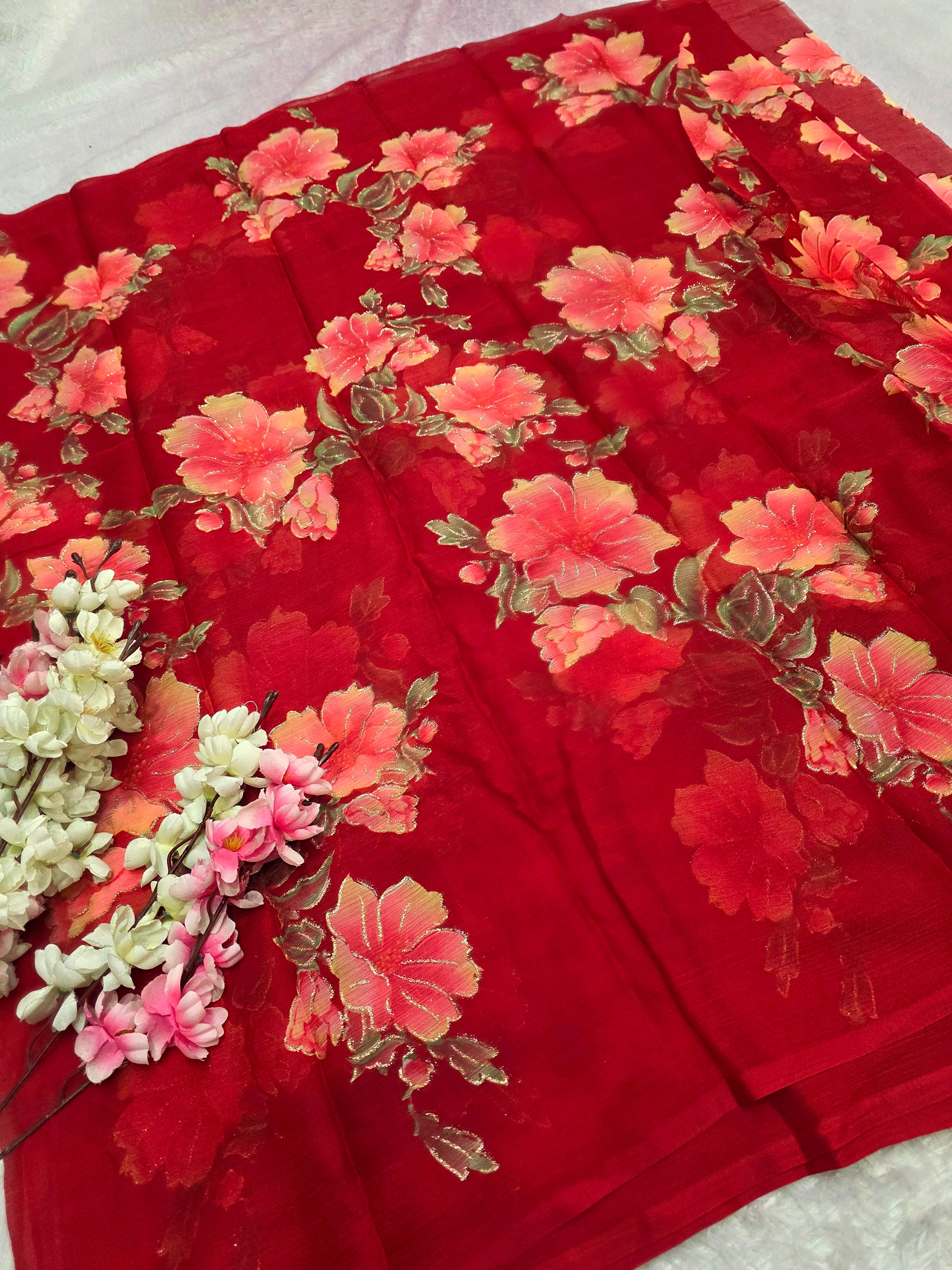 991005 Lightweight Elegant Semi Chiffon Flower Print Saree with Zari Print - Red
