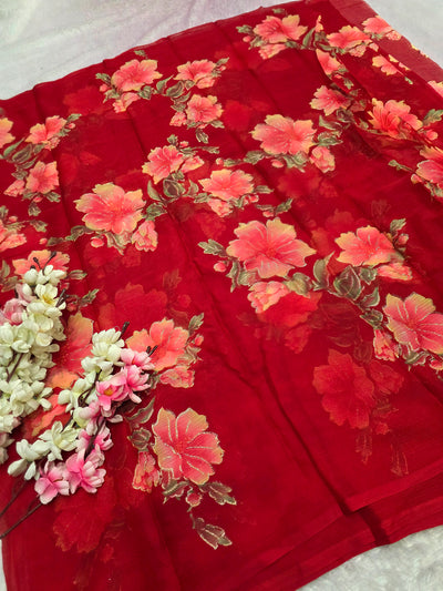 991005 Lightweight Elegant Semi Chiffon Flower Print Saree with Zari Print - Red