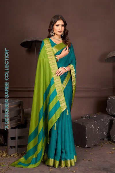 919003 Georgette Crepe Silk Soli Color with Banarasi Weaving  Border Saree - Teal