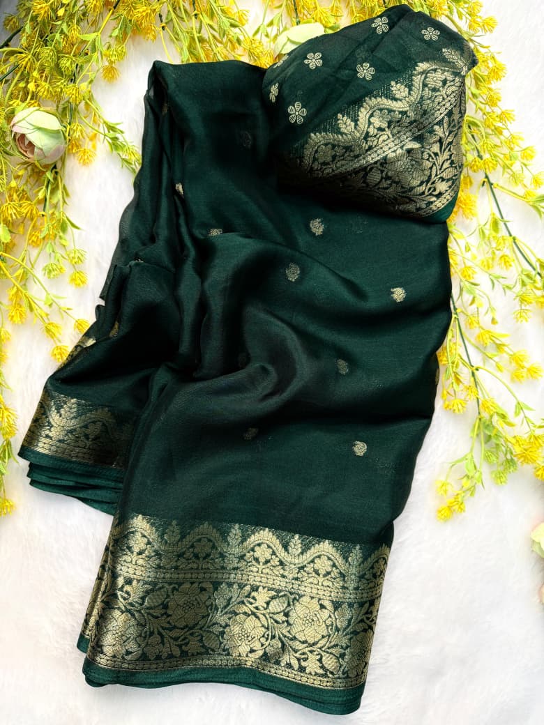9234 Beautiful Soft Silk Zari Weaving Green Saree With Printed Pallu