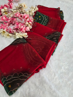 CA1486 Lightweight Elegant Semi Chiffon Bandhani Print Saree - Red Black