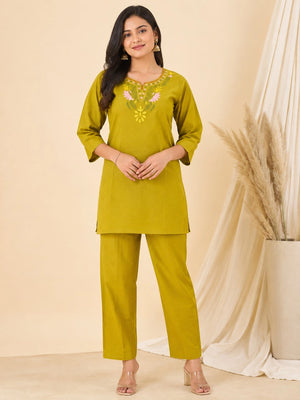 2201 Pure Cotton Green Color Co-Ord Set With Embroidery
